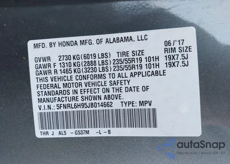 2018 Honda Odyssey Elite z USA, uszkodzony, nr VIN 5FNRL6H95JB014662